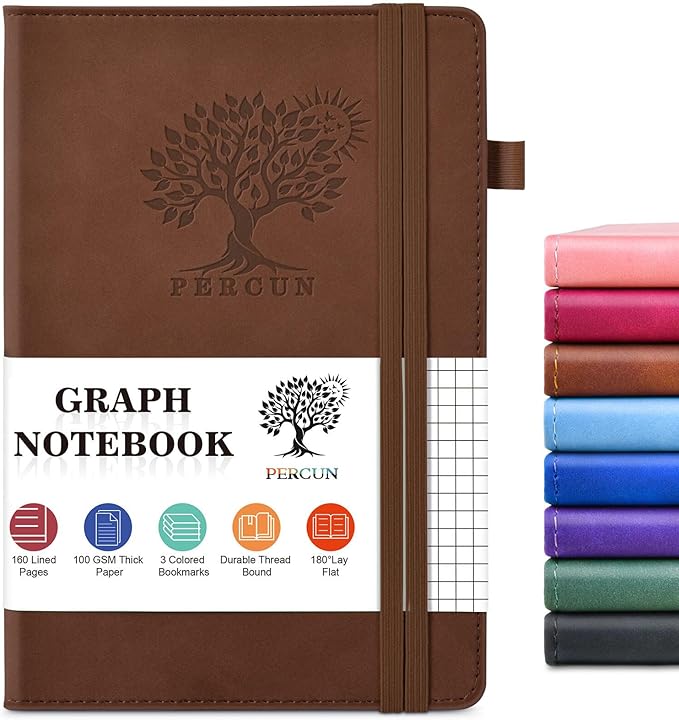 PERCUN Graph Paper Notebook, 160 Pages Grid Journal for women & men, A5 Hardcover Leather Graphing Notebook for School, Work, Travel, Note Taking 5.9”x8.5” (Brown)