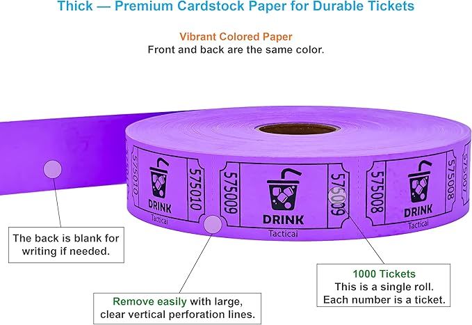 Tacticai 1000 Raffle Tickets, Drink, Purple (1 of 8 Colors), Single Roll for Events, Entry, Class Reward, Fundraiser & Prizes