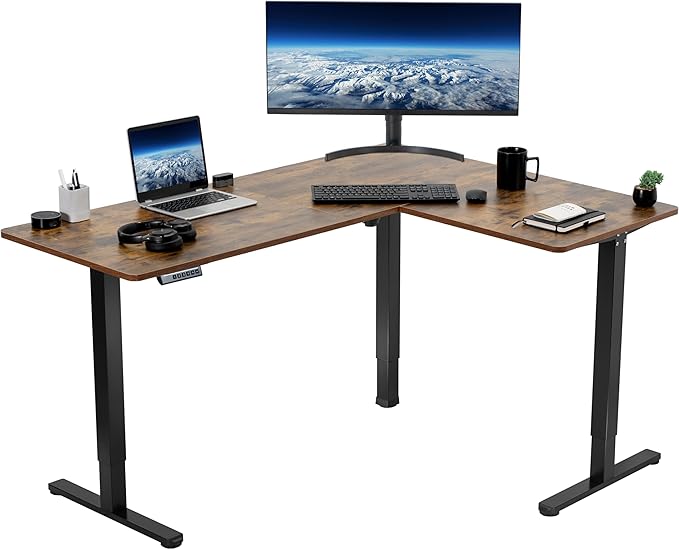 VIVO Electric Corner 63 x 47 inch L-Shaped Standing Desk, Memory Height Adjustment, Rustic Vintage Brown Top Black Frame, DESK-E3CTN-47