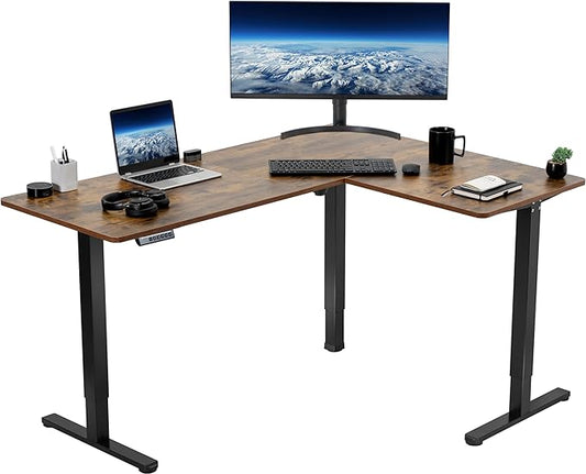 VIVO Electric Corner 63 x 47 inch L-Shaped Standing Desk, Memory Height Adjustment, Rustic Vintage Brown Top Black Frame, DESK-E3CTN-47
