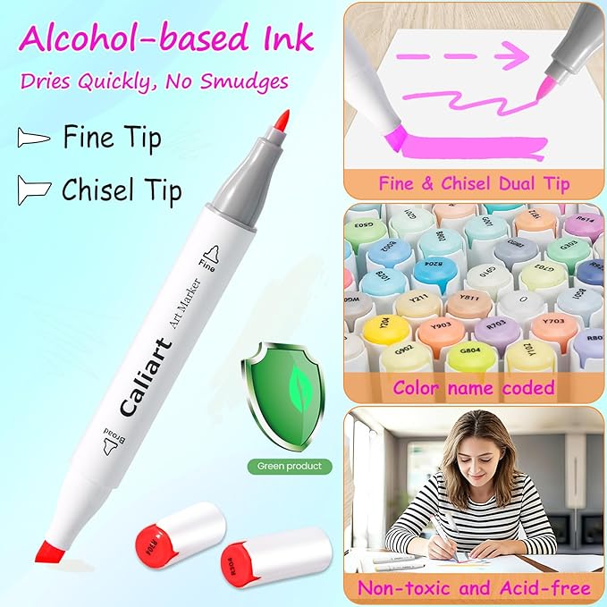 Caliart 121 Colors Alcohol Based Markers, Dual Tip Art Marker Set Chisel & Fine, Permanent Colored Pens for Adults Coloring Book Artists Sketch Illustration Drawing Supplies Gifts