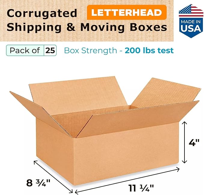 Letterhead Cardboard Boxes 1 1/4"L x 8 3/4"W x 4"H (25-Pack) - Extra Strength 200 lb vs Regular - Corrugated Shipping Boxes for FEDEX - Box for Packaging Moving - Moving Box by IDL Packaging