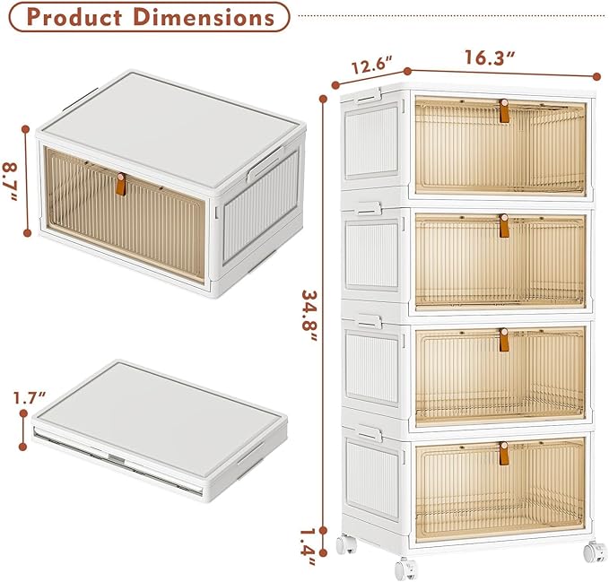 CTSNSLH 4 Tier Plastic Storage Bins with Lid - 27.5Qt Stackable with Lids for Bedroom, Living Room, Office - Foldable Containers, Household Organization