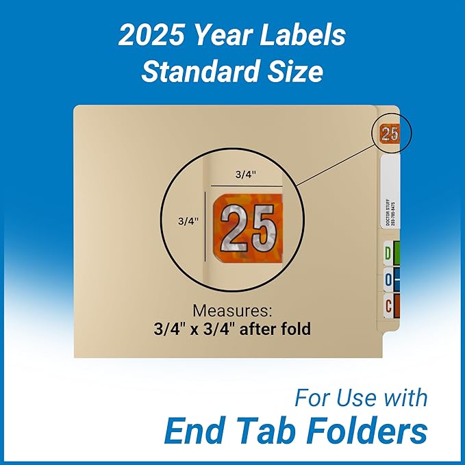 2025 Year Labels, Doctor Stuff 2025 Chart Stickers, Holographic Orange Colored, USA Made Year Label for End Tab File Folders, 500 Labels per Roll, 1 Roll, 3/4" x 1-1/2"