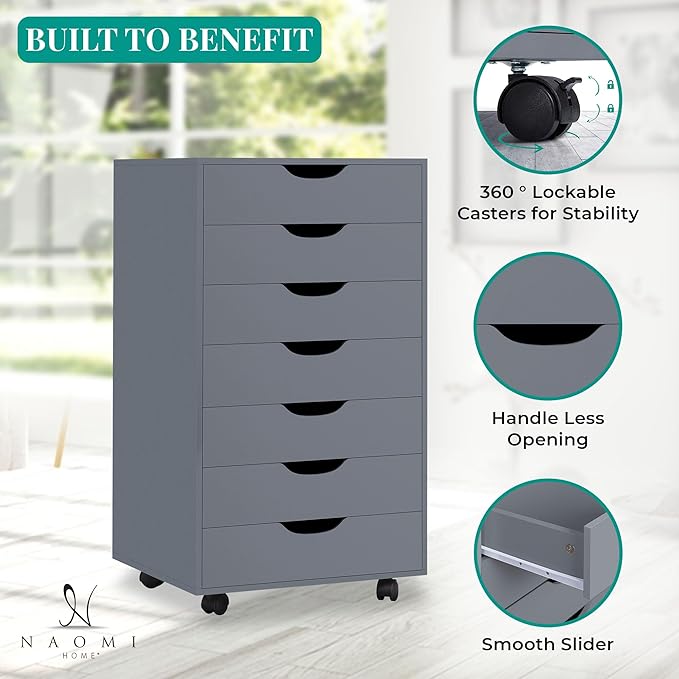 Naomi Home 7-Drawer Grey Dresser with Lockable Casters, Smooth Gliders, and Spacious Top - Sleek Storage for Bedroom or Office