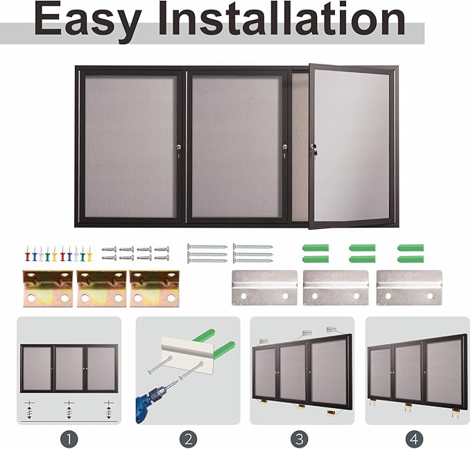 71×36 Inch Lockable Enclosed Bulletin Board, Weather-Resistant Outdoor Noticeboard with Locking Doors, Wall-Mounted Black Aluminum Frame & Grey Felt Presentation Board