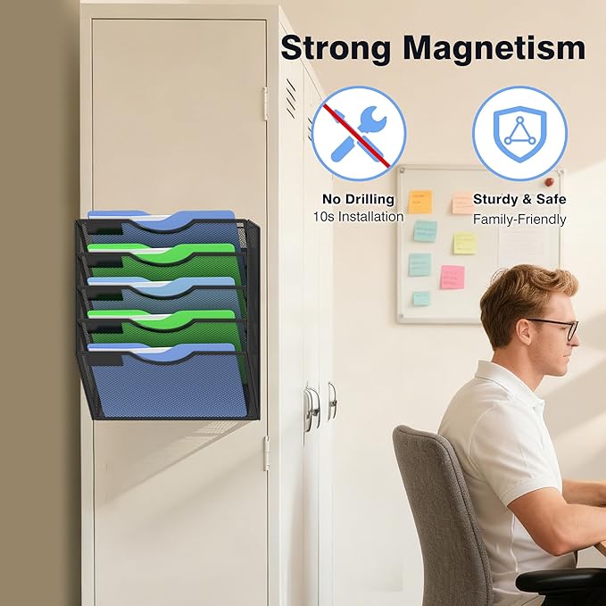 Kuntine.B Wall File Organizer Office Hanging Magazine Holder Wall File Organizer for Office Home (Black, 5 Tier Magnetic)