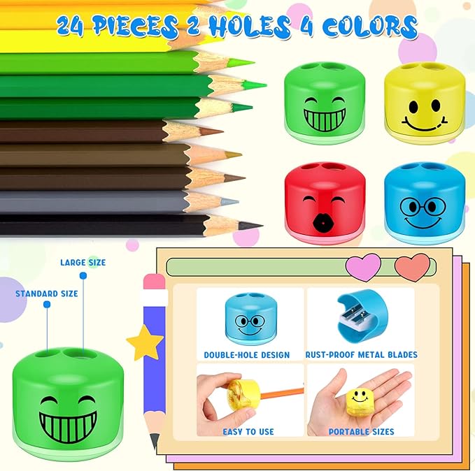 Crtiin 24 Pcs Back to School Pencil Sharpeners for Kids Cartoon Smile Small Pencil Sharpener Handheld Manual Dual Holes Gifts for School Office Art Room