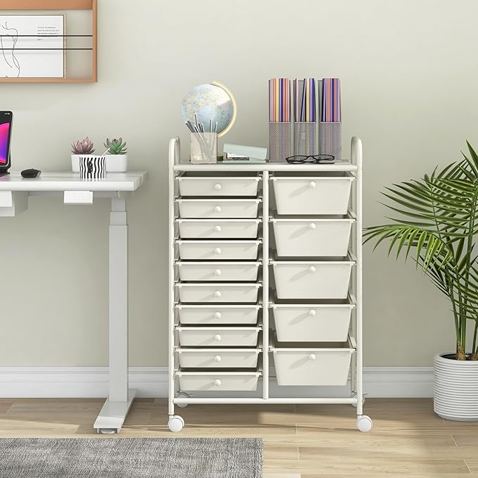 GLACER 15 Drawers Rolling Cart, Storage Cart with w/Removable Drawers & Steel Frame, Multipurpose Organizer Cart w/Sleek Handle, Utility Cart on Lockable Wheels for Home, School, Office (White)