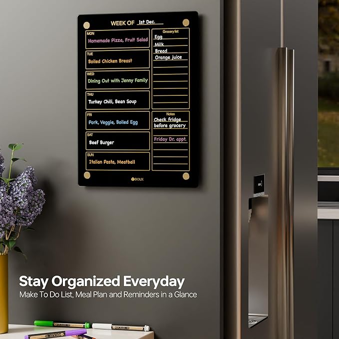 Black Glass Golden Weekly Dry Erase Calendar & Menu Whiteboard for Wall, Meal Planning & Grocery Shopping List White Board for Kitchen & Home, 15x11, 4 Wet Erase Markers Included, Yeoux