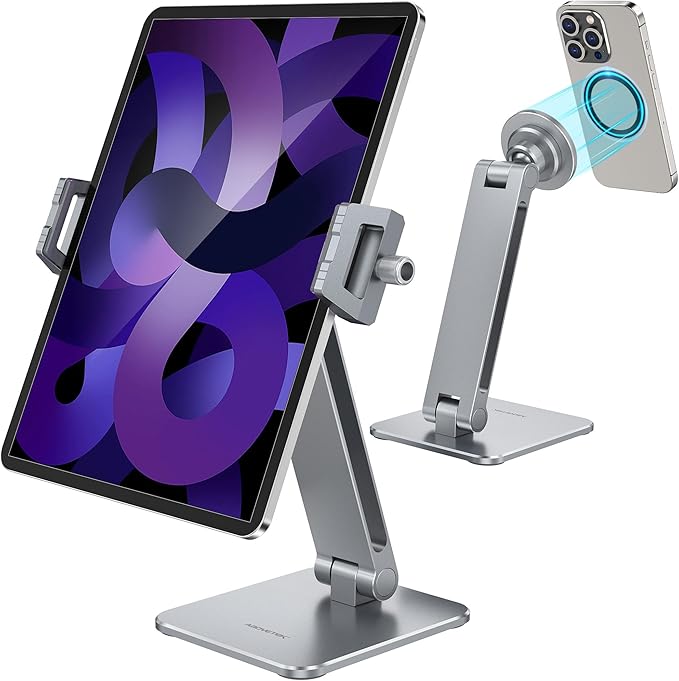 AboveTEK 2-in-1 Phone & iPad Stand, Magnetic iPad Stand with Clamp, Aluminum Tablet Holder for Desk, 360 Rotation, Suction Base, Professional for Office, Fit for Phones & 9.7–13" Tablets, Gift for Him