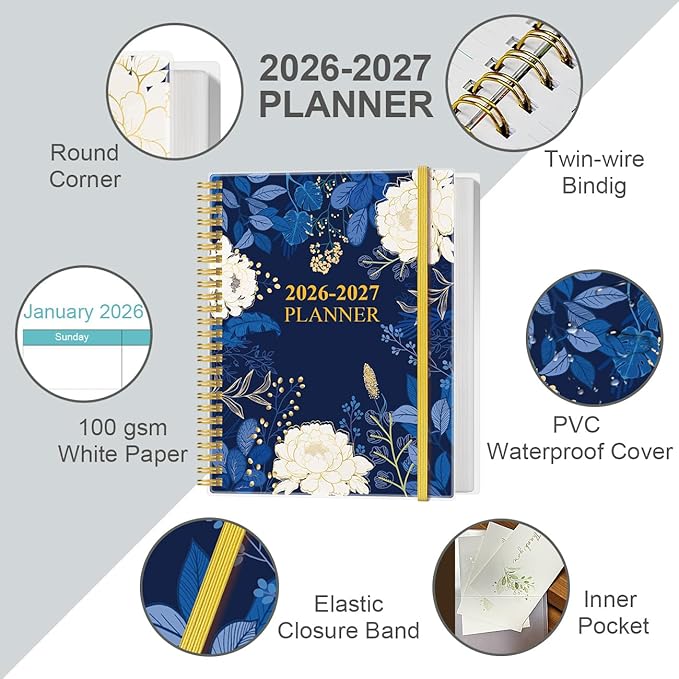 2026-2027 Planner - 18 Months Weekly & Monthly Planner from January 2026 - June 2027, Planners 2026-2027 with Elastic Closure, Inner Pocket, 8.5" x 11", Blue Leaf Flower