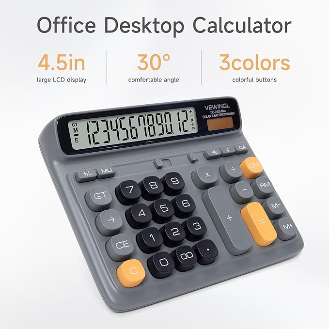 VEWINGL Desktop Calculator with Large LCD Display, 12-Digit Dual Power Solar & Battery Office Calculator with Big Buttons for Business, Accounting & Home Use (Green, L)