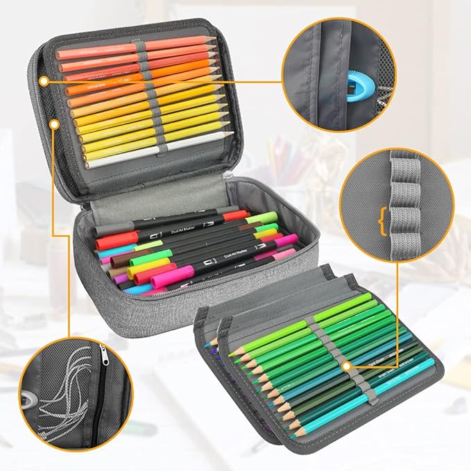 Number-one Large Capacity Pencil Case, 72 Slots Colored Pencil Pouch Bag Portable Pencil Holder Stationery Organizer with Compartments for Office and Travel, Grey