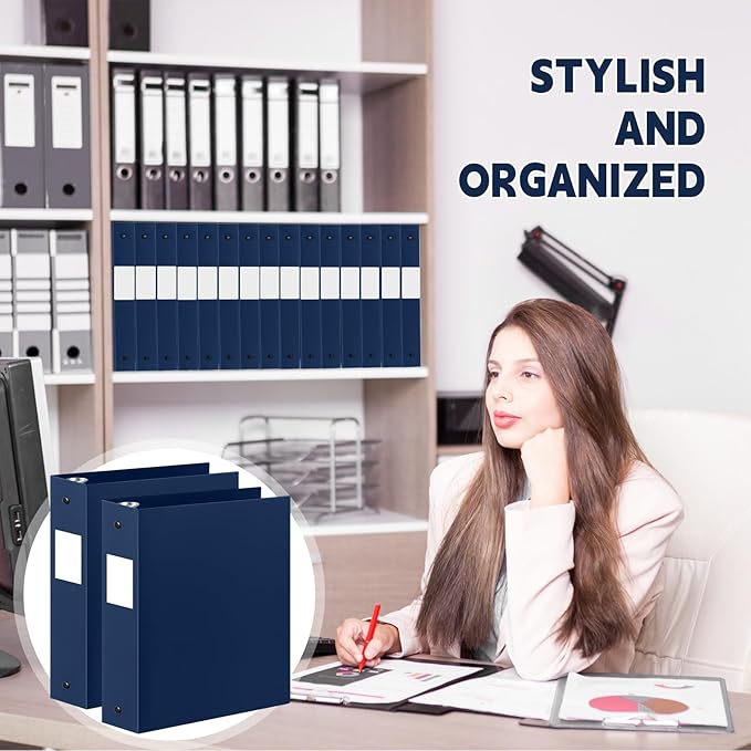 Henoyso 12 Pcs 3 Ring Binder 2 Inch Round Fits Letter Size 8.5'' x 11'' Paper Plastic Flexible Binder Bulk Holds 490 Sheets with 1 Pockets Versatile Organizer for Home Office School (Navy Blue)
