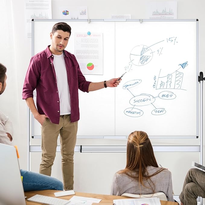 VIZ-PRO Double-Sided Mobile Whiteboard, 72 x 40 Inches, Magnetic Rolling Dry Erase White Board on Wheels with Aluminium Frame and Stand