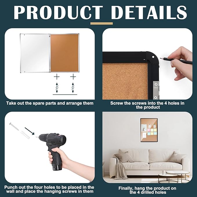 Cholemy Enclosed Bulletin Lockable Cork Case Notice Board 48 x 36 Inch Weatherproof Bulletin Board with Aluminum Frame Mounting Screws Outdoor for School Office Wall Display Pictures(Black)
