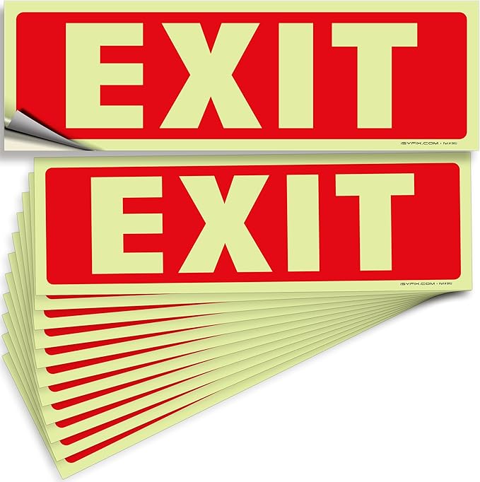 iSYFIX Exit Glow in the Dark Sign Stickers – 12 Pack 12x4 Inch – Photoluminescent Vinyl, Laminated for UV, Weather & Fade Resistance, Indoor & Outdoor for Business, School, Office, Warehouse