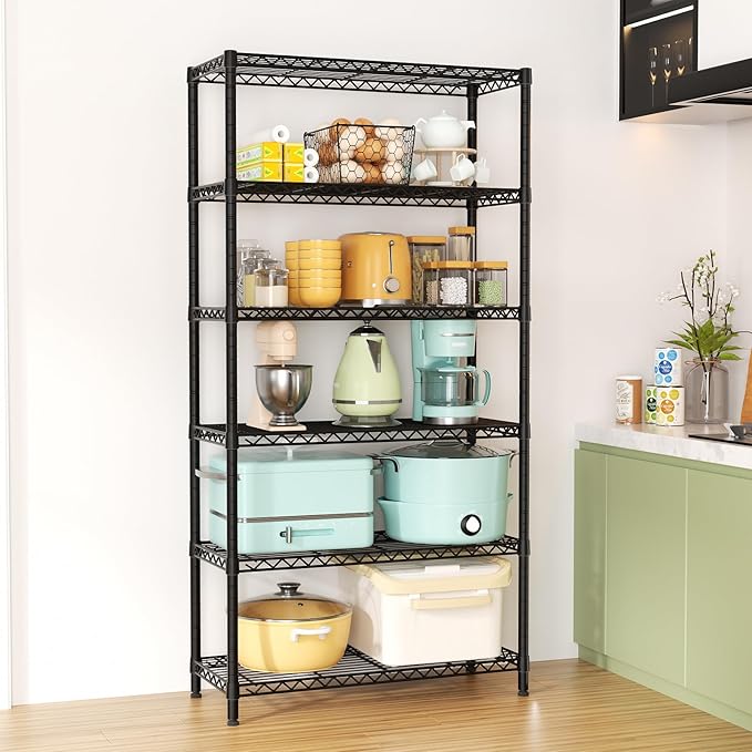 SINGAYE 6 Tier Shelf Organizer Storage Metal Shelves Garage Wire Shelving Unit Pantry Rack Shelves Bathroom Organizers and Shelf Closet Metal Kitchen 36" Dx14 Wx72 H Black