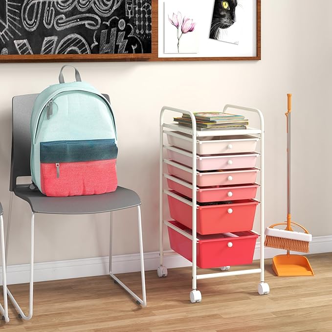 Giantex 6 Storage Drawer Cart Rolling Organizer Cart for Tools Scrapbook Paper Home Office School Multipurpose Mobile Utility Cart (Pink Gradient)