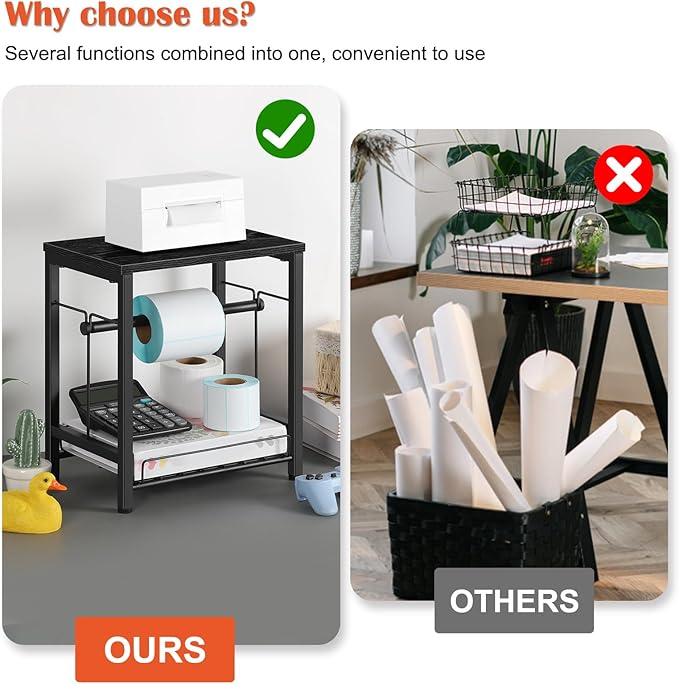 smusei Label Holder for Rolls and Fan-Fold Labels, Wooden Thermal Printer Sticker Stand Shipping Label Holder with Basket, Black Label Roll Holder Dispenser for Home, Office, Small Business