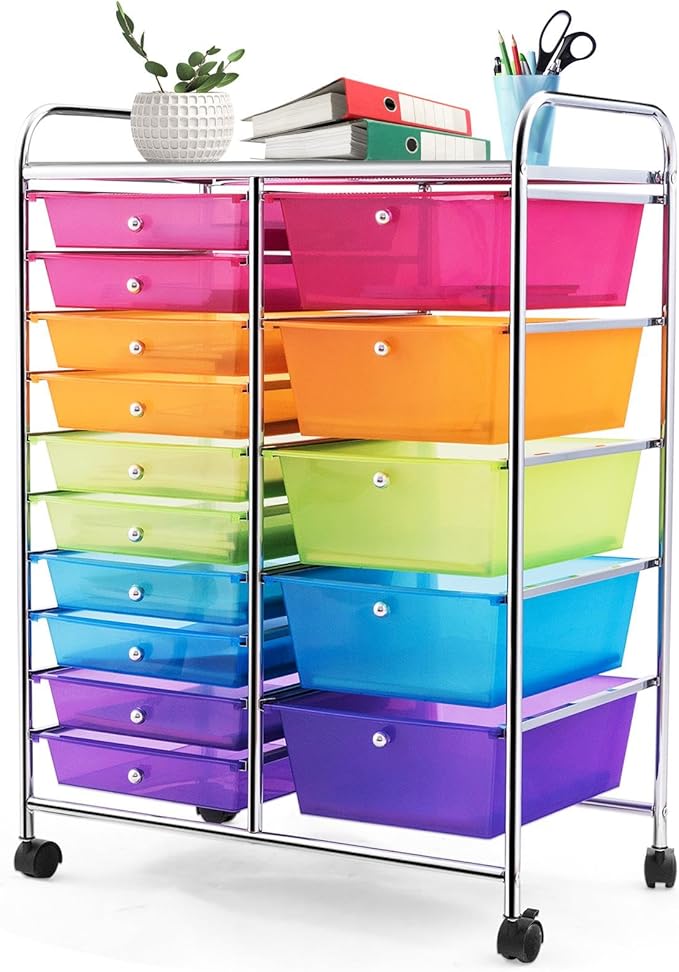 GLACER 15 Drawers Rolling Cart, Storage Cart with w/Removable Drawers & Steel Frame, Multipurpose Organizer Cart w/Sleek Handle, Utility Cart on Lockable Wheels for Home, School, Office (Rainbow)