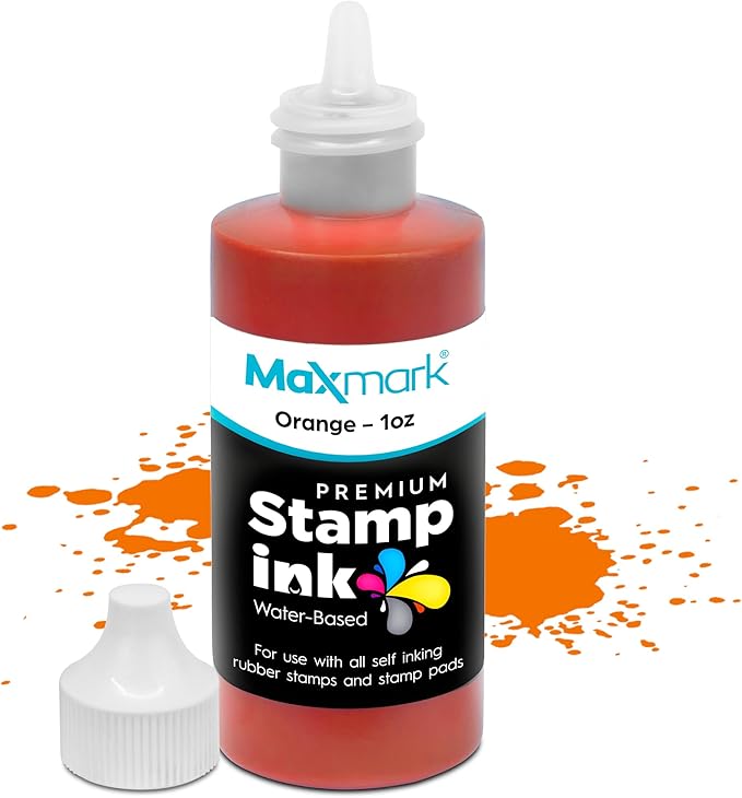 MaxMark Premium Refill Ink with Control Tip Bottle for Self-Inking Stamps, Orange Color - 1 oz.