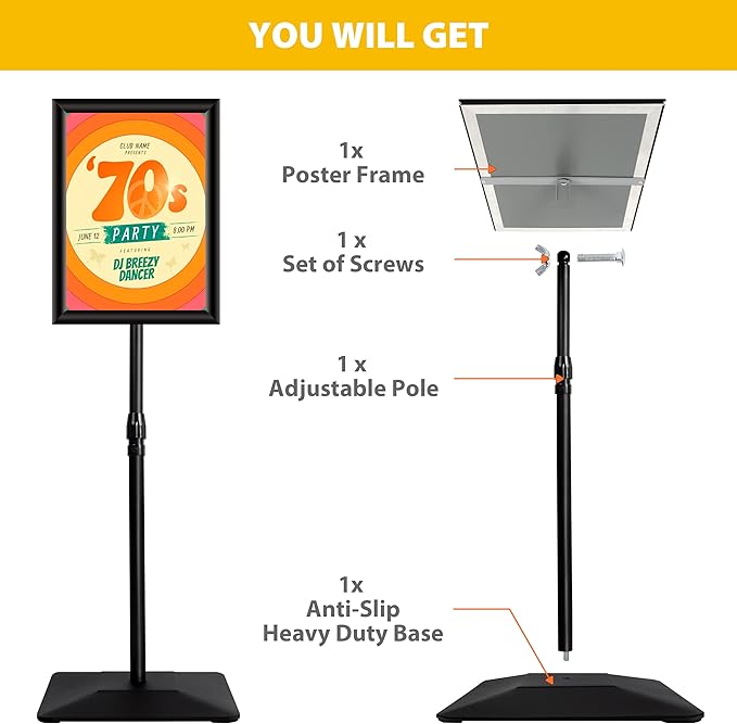 VAIIGO 11"x17" Pedestal Poster Sign Holder Stand with Heavy Duty Solid Steel Base, Adjustable Floor Standing Sign Holder for Vertical and Horizontal View Sign Super Stable Displayed Stands, Black