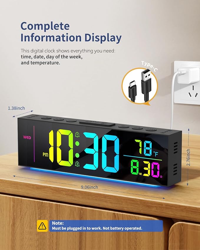 Digital Clock, Alarm Clock for Bedroom, Digital Wall Clocks for Classroom, Living Room Decor, Desk Clock Large Display, 13 Number Display Colors, 12 Ambient Light Colors, Auto Dimming, DST (Black)