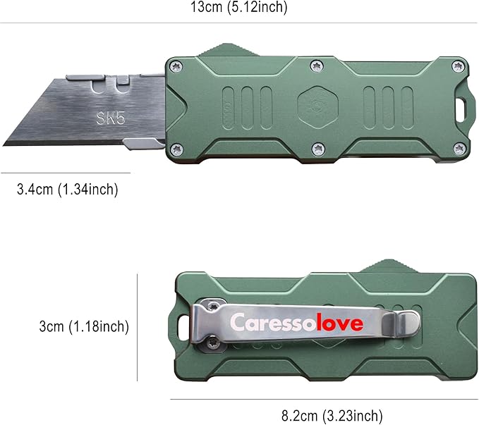 Caressolove Switch Blades Knife Push Button, Aviation Aluminum EDC Box Cutter Retractable, Utility Knife Double Action Automatic, With 10pcs SK5 Blade Assisted Opening Pocket Knife With Clip