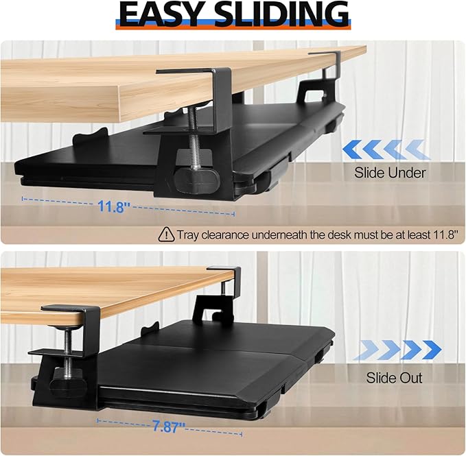 OUKMIC Large Keyboard Tray Under Desk Slide Out with Sturdy C-Clamp Mount and Storage Drawer, 27" (31" Including Clamps) x 12" Ergonomic Keyboard Trays for Home and Office, Black
