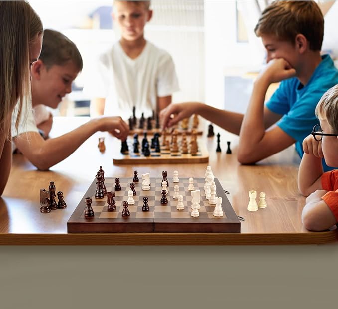 Magnetic Wooden Chess Set for Adults Kids 17'' Chess Board with Handmade Pieces, Folding Portable Travel Unique Chess Sets Game for Tournament Professional Beginner