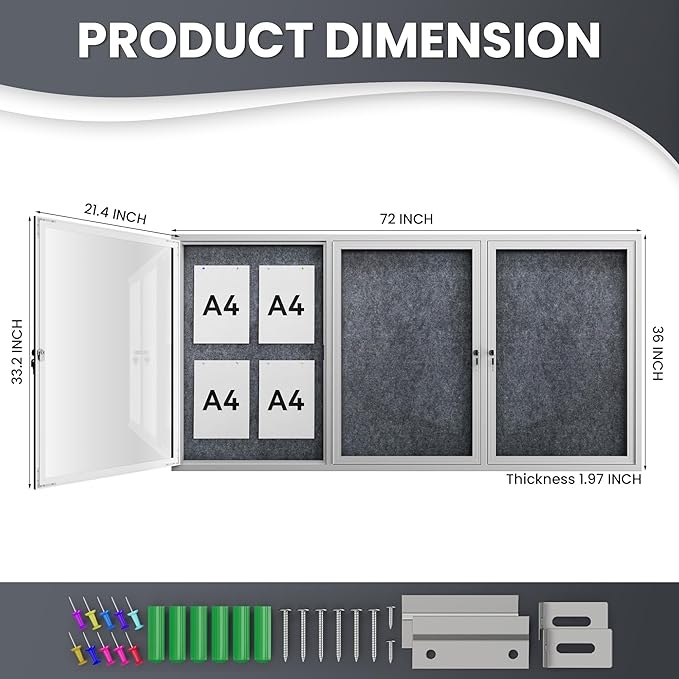 72"x36" Lockable Enclosed Bulletin Board, Outdoor Flet Weather-Resistant Aluminum Frame Notice Board, Wall Mounted Display Case Acrylic Doors for School,Office,Silver Frame w/Grey Flet