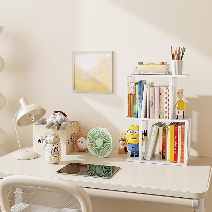 Vfelf Desktop Bookshelf Organizer, White 3-Tier Desk Shelf with Metal Hook Workspace Organizers for Desk Organization and Office Storage Table Bookcase