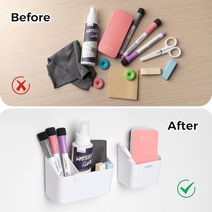 loukin Magnetic & Adhesive Dry Erase Marker Holder with Divider, 1 Small + 1 Mini, Magnetic Storage Organizer for Whiteboard or Refrigerators (White)