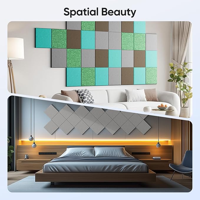 UNECHO 12 Pack 12" X 12" X 0.4" Acoustic Panels for Wall Sound Absorbing, Square Self-Adhesive Sound Panels, High Density Suitable for Multiple Scenarios(Ash Gray)