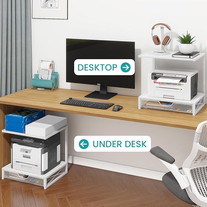 ELITEROO Printer Stand for Desk with Storage Drawer, 2 Tier Desktop or Under Desk Shelf, Wood Desktop Organizer for Home Office, Fits 3D Printer, Scanner, Fax Machine, Cricut, White