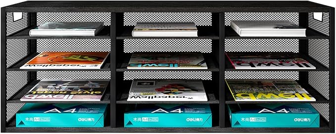 PAG-Mass Mail Sorter Adjustable Countertop Heavy Duty Literature Organizer Student Mailbox for Classroom Desktop Bill Paper Holder Rack for Office Home School, 12 Compartments, Black