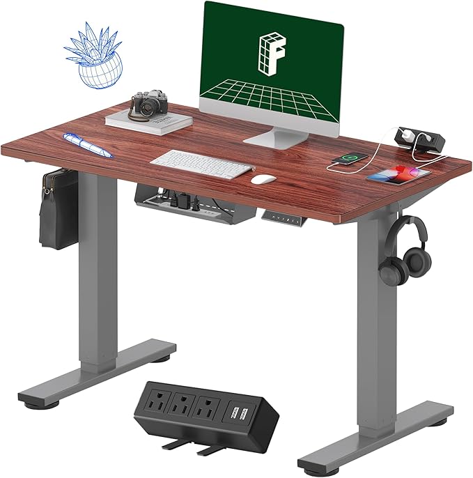 FLEXISPOT EN2 Whole-Piece Standing Desk with Clamp Power Strip, 40 x 24'' Electric Stand Up Height Adjustable Desk with Cable Management (Gray Frame + 40" Mahogany Top, 2 Packages)