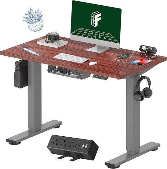 FLEXISPOT EN2 Whole-Piece Standing Desk with Clamp Power Strip, 40 x 24'' Electric Stand Up Height Adjustable Desk with Cable Management (Gray Frame + 40" Mahogany Top, 2 Packages)