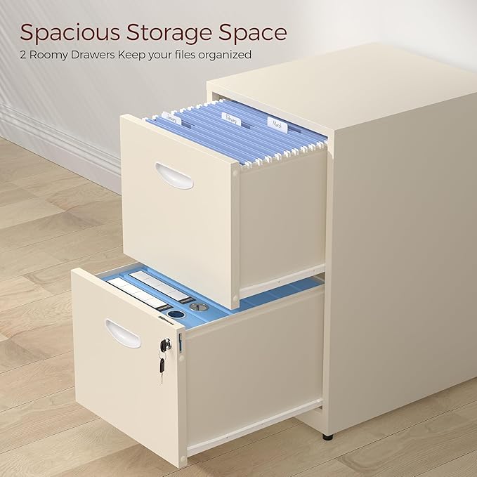 Kubohogar 2 Drawer File Cabinet with Lock,Cream Metal Filing Cabinets,Vertical Locking File Cabinet Fit Hanging Files, Letter,File Box and A4 Documents(Cream)