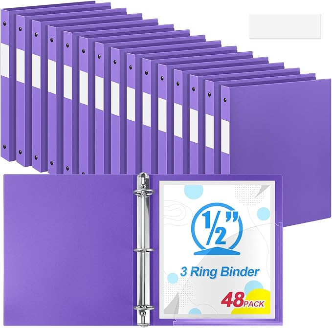 Henoyso 48 Pcs 3 Ring Binder 0.5 Inch Round Fits Letter Size 8.5'' x 11'' Paper Plastic Flexible Binder Bulk Holds 140 Sheets with 1 Pockets Versatile Organizer for Home Office School (Purple)