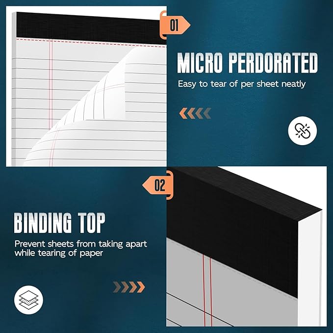 White Legal Note Pads 8.5X 11'', 24 Pack Legal Paper Note Pads, Micro Perforated Wide Ruled Lined Writing Pads 30 Sheets per Notepad Double-Side Printed Note Pad 8.5x11 for Home, Office, School