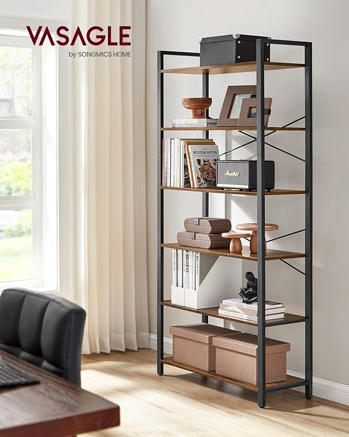 VASAGLE 6-Tier Bookshelf, Bookcase with Steel Frame, Book Shelf for Living Room, Home Office, Study, 11.8 x 31.5 x 73.2 Inches, Industrial Style, Rustic Brown and Ink Black ULLS082B01