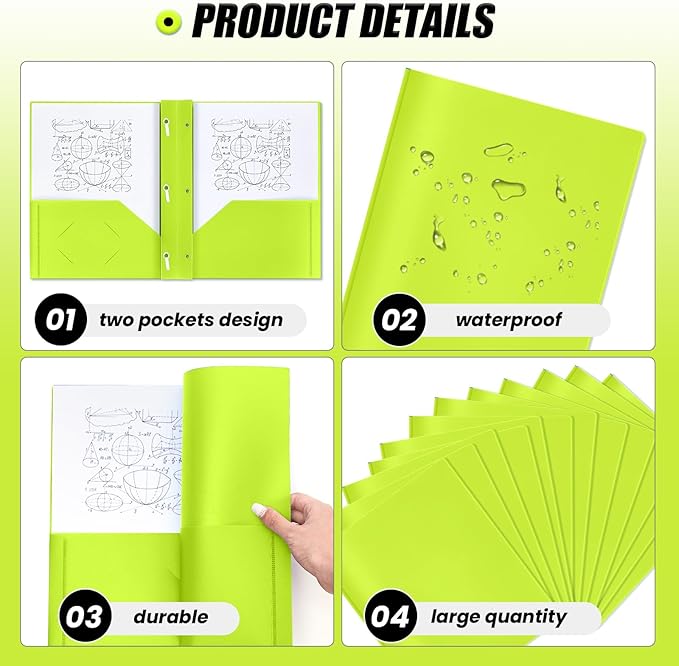 Lincia 100 Pcs Plastic Folders with Pockets and Prong Folders with Prongs 2 Pockets for Office, School for Students, Teachers, Office Workers(Fluorescent Green)