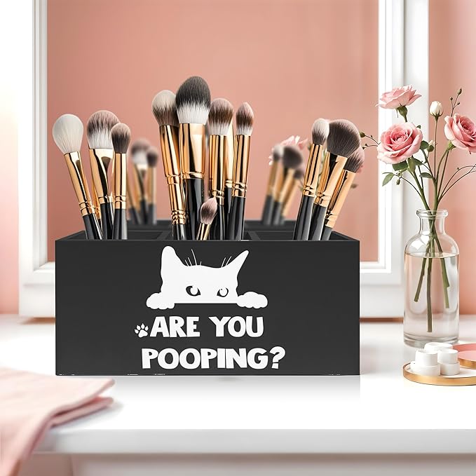 Exqcom Funny Cat Toothbrush Holders for Bathroom Washroom, Cat Bathroom Decor, Gifts for Cats Lovers Mom, Are You Pooping Humorous Makeup Brush Holder Organizer for Vanity