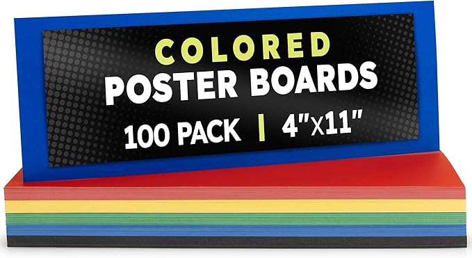 Hygloss Small Colored Poster Board 4x11 - 100 Assorted Standard Color Poster Boards Bulk Pack - Red, Yellow, Green, Blue, Black - 10 Pt. Thickness Poster Board Paper - Posterboard Multipack 4" x 11"