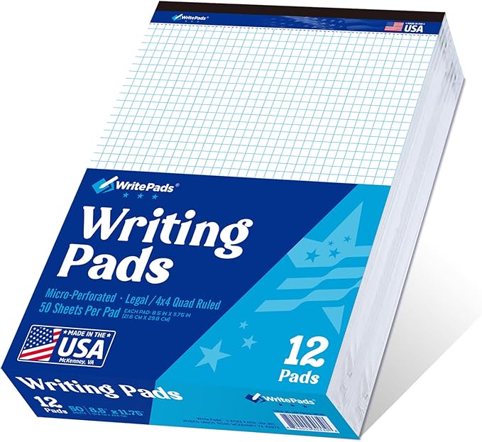 WritePads Legal note pads Legal Pad Quad Ruled Note Pads, Graph Ruled 8.5x11 inch Legal Pad, Quad (4x4) Paper Writing Pads, White 12 pads, BL-MWT50Q-12, Made In The USA.