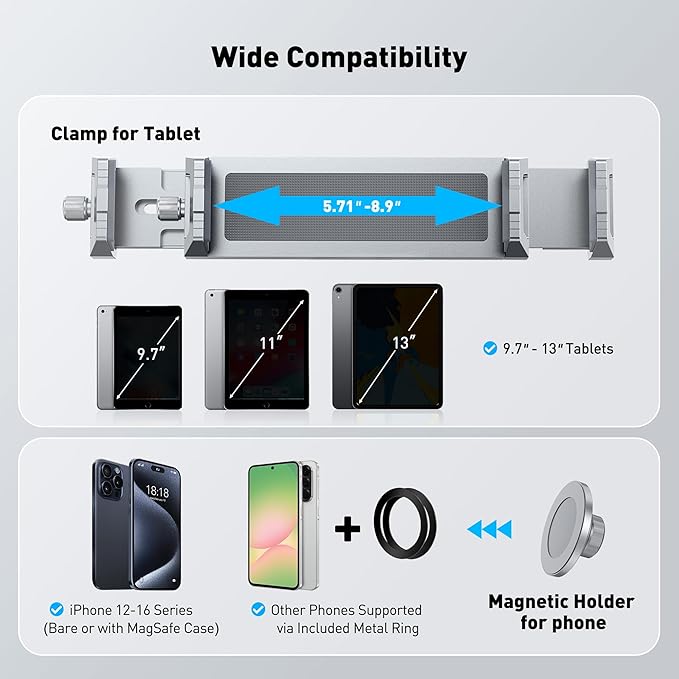 AboveTEK 2-in-1 Phone & iPad Stand, Magnetic iPad Stand with Clamp, Aluminum Tablet Holder for Desk, 360 Rotation, Suction Base, Professional for Office, Fit for Phones & 9.7–13" Tablets, Gift for Him