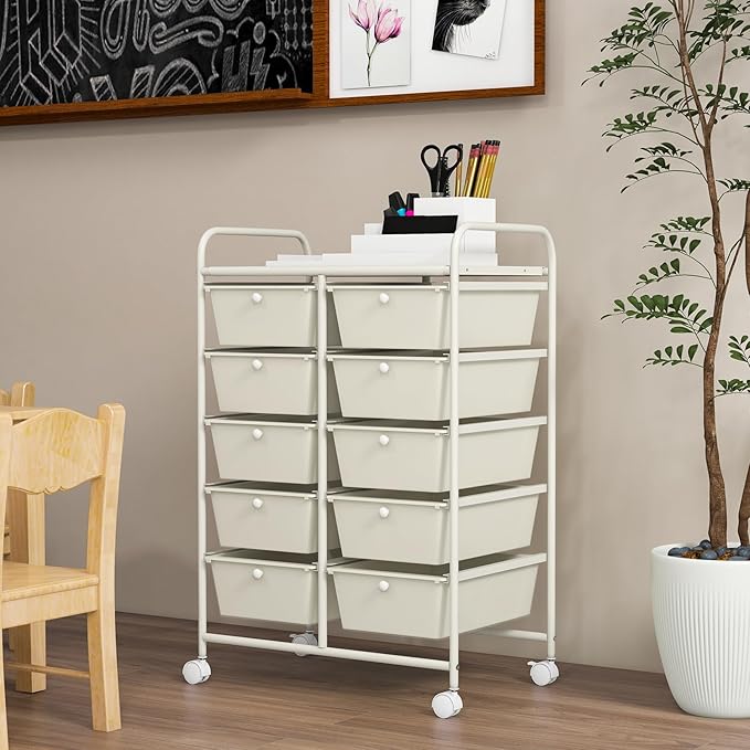 GOFLAME 10-Drawer Rolling Storage Cart, Art Craft Storage Organizer on Wheels, Multipurpose Movable Utility Cart for School, Office and Home, Ivory